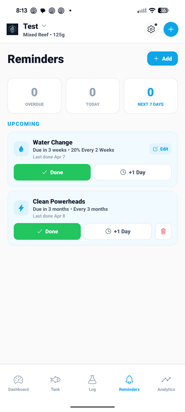 NextUpReef reminders tab showing water change schedule set up with 20% every 2 weeks frequency