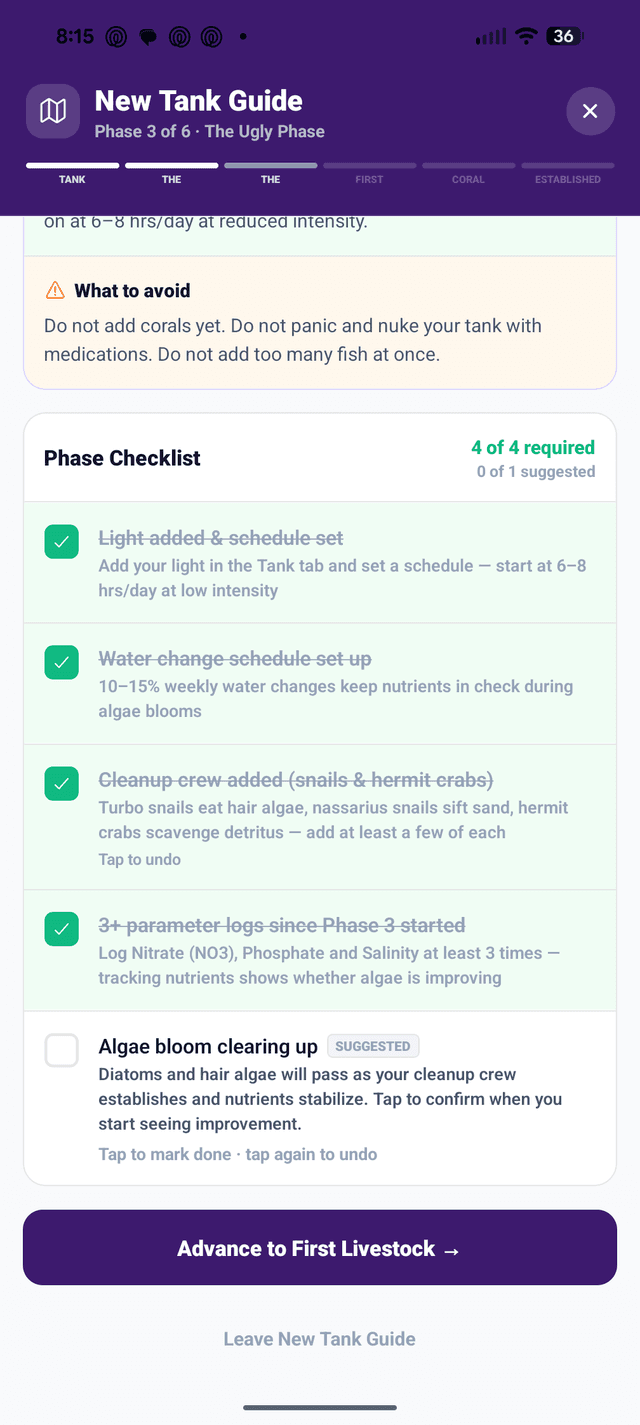 NextUpReef Phase 3 checklist showing light schedule, water change, cleanup crew, and parameter logs all completed with Advance to First Livestock button