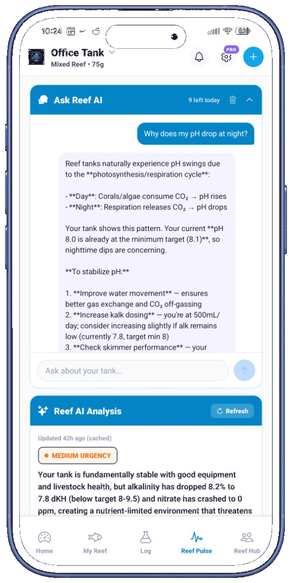 Ask Reef AI answering why pH drops at night