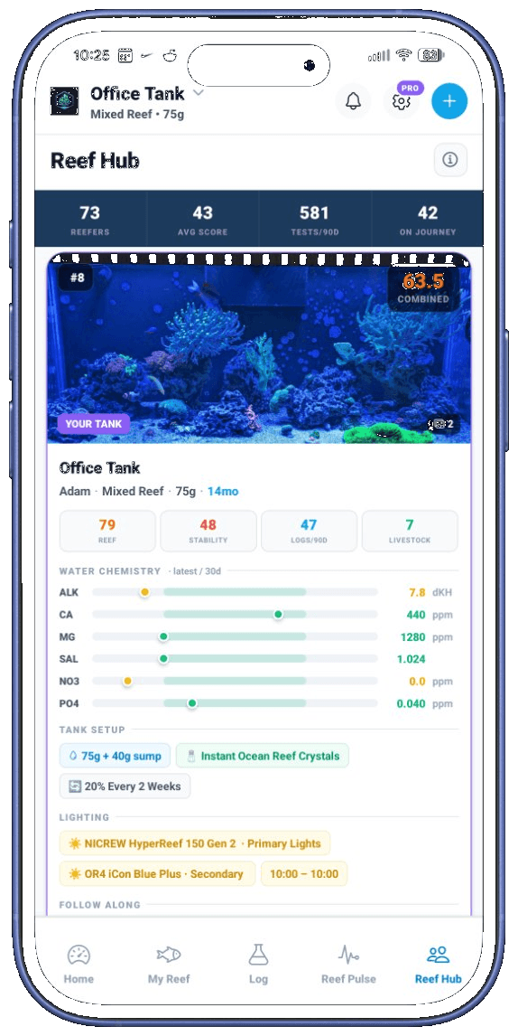 NextUpReef tank tab showing first fish added with health tracking