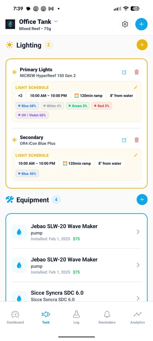 NextUpReef app showing lighting schedule and equipment list including wave makers and return pump
