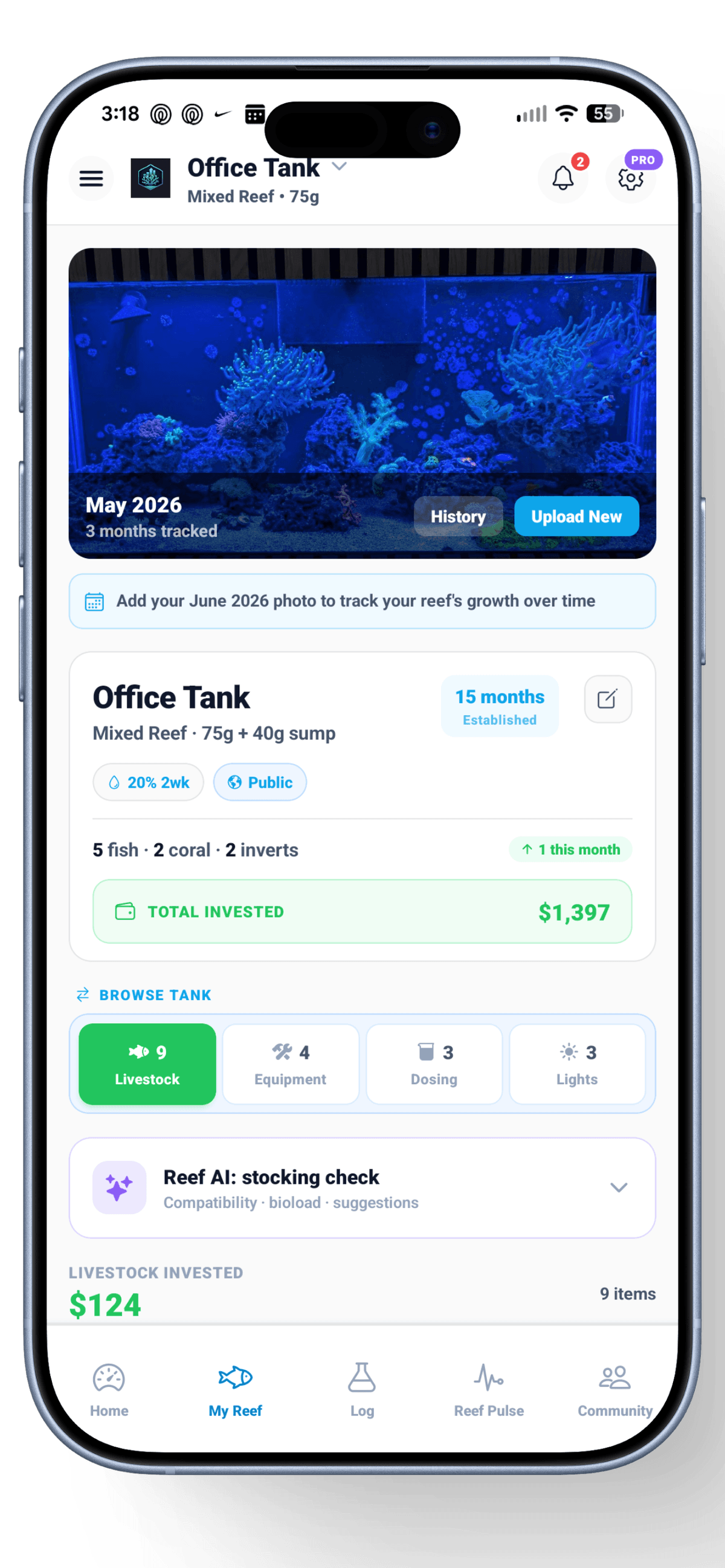 NextUpReef My Reef page showing livestock, equipment, dosing, and total tank investment