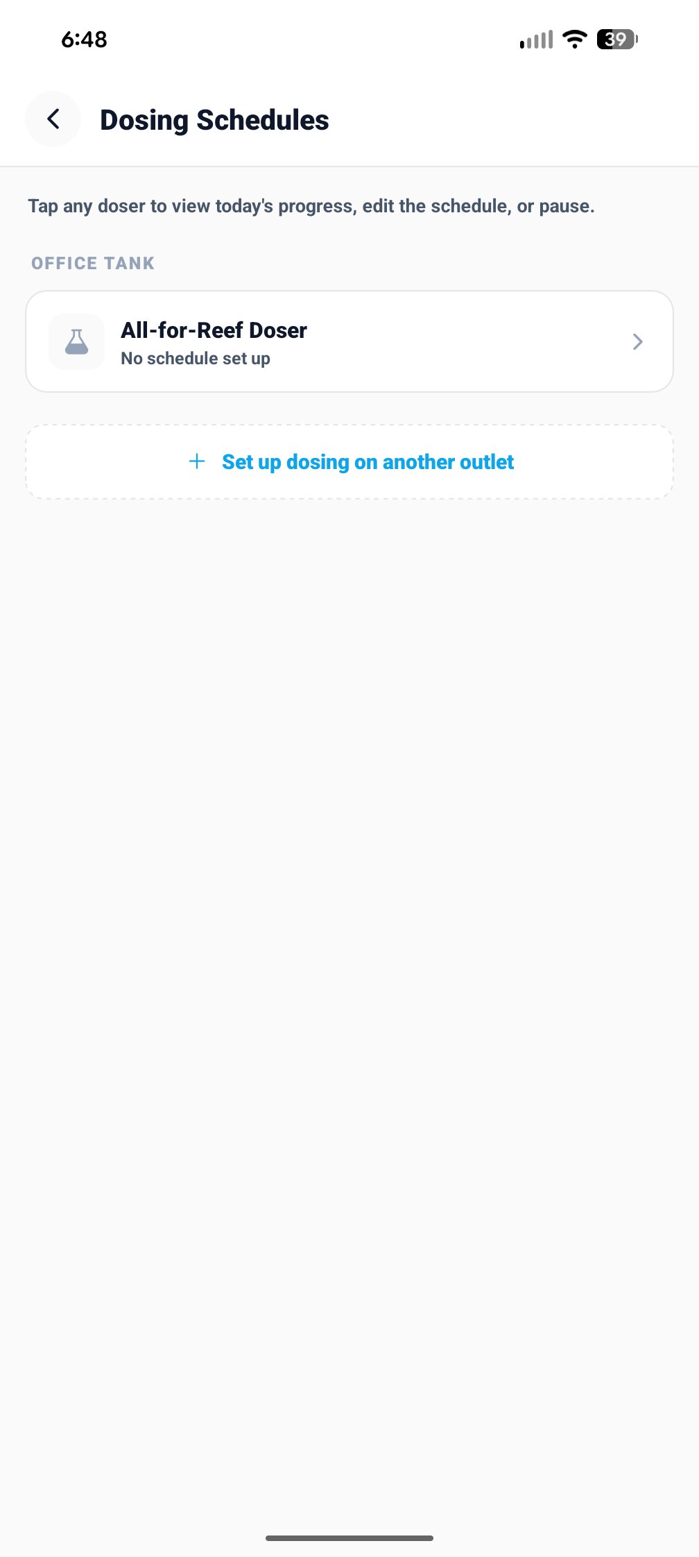 Dosing Schedules screen showing All-for-Reef Doser with No schedule set up