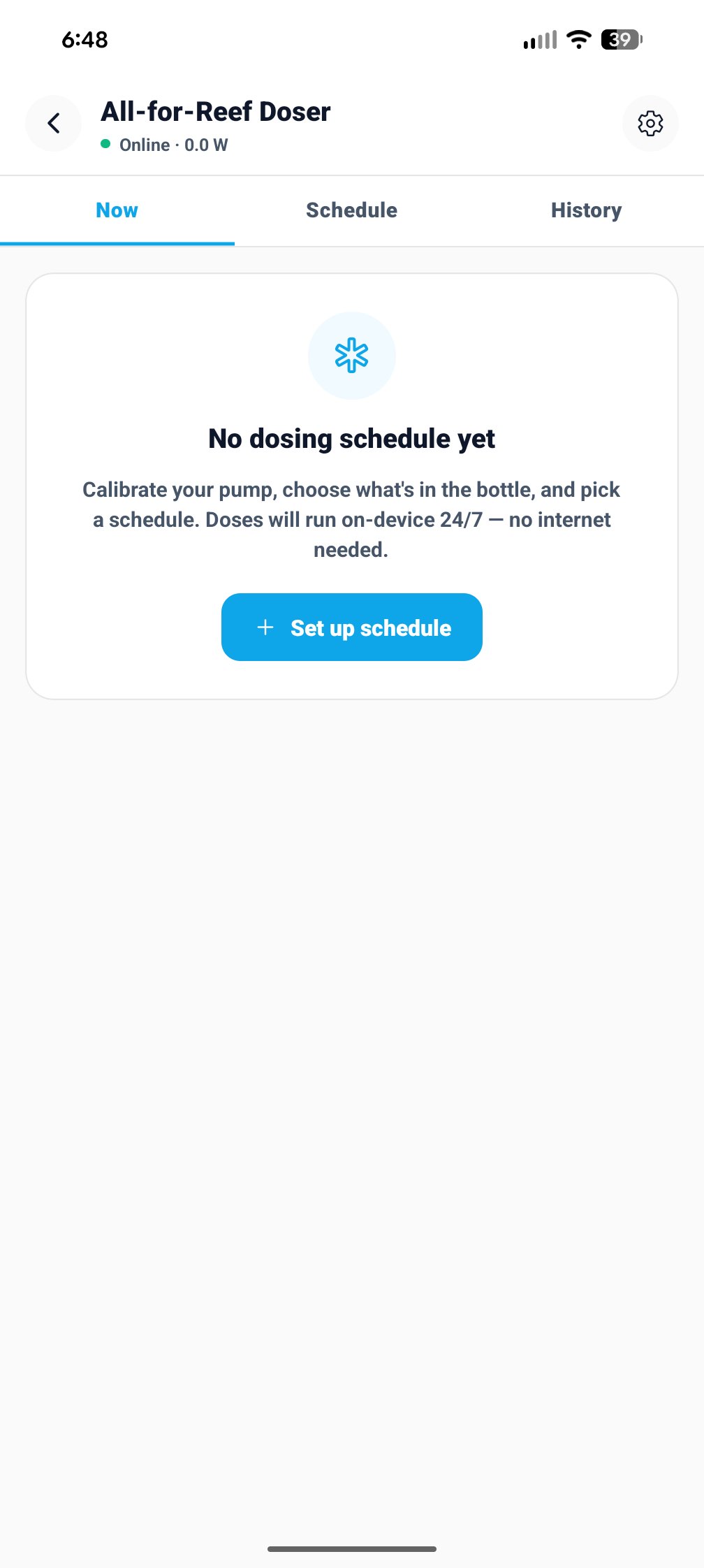 Outlet Now tab showing No dosing schedule yet with Set up schedule button