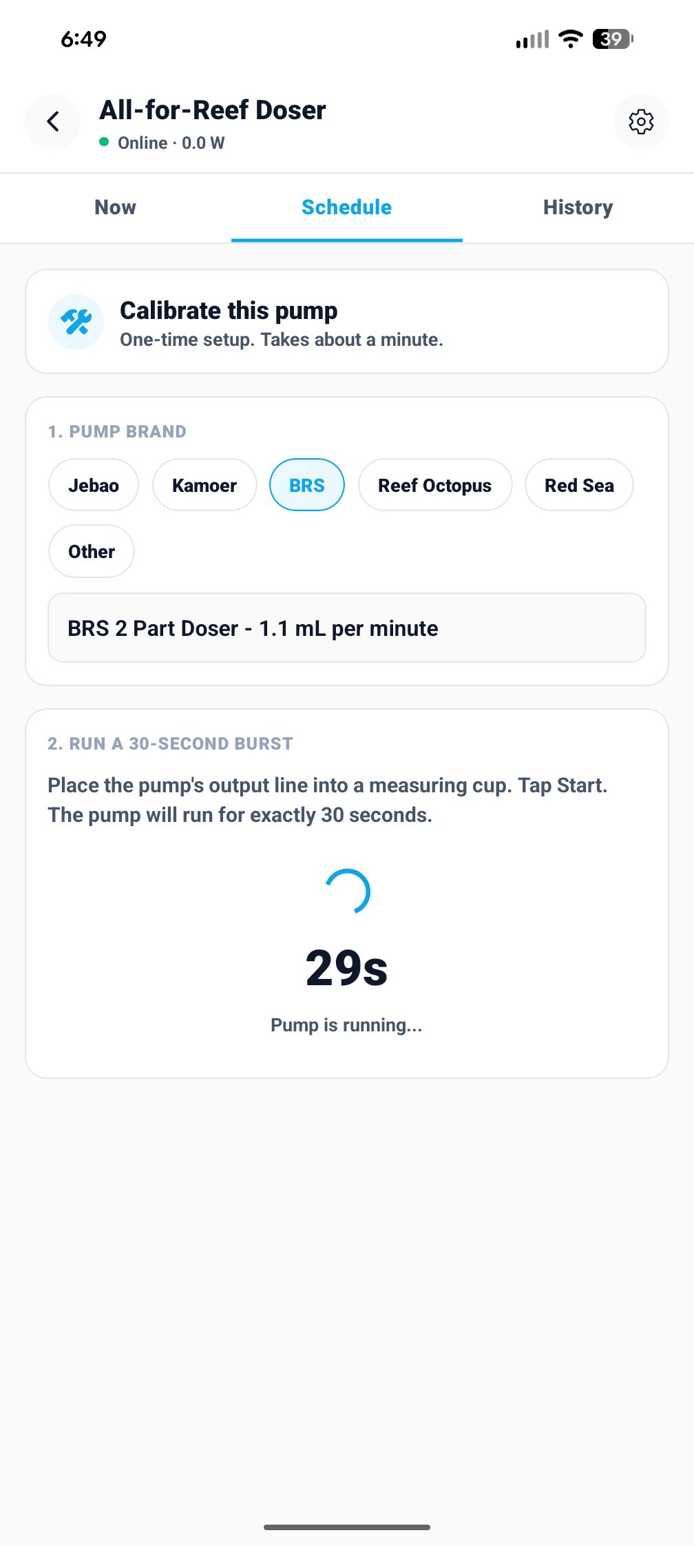 30-second burst running: countdown at 29 seconds, Pump is running message