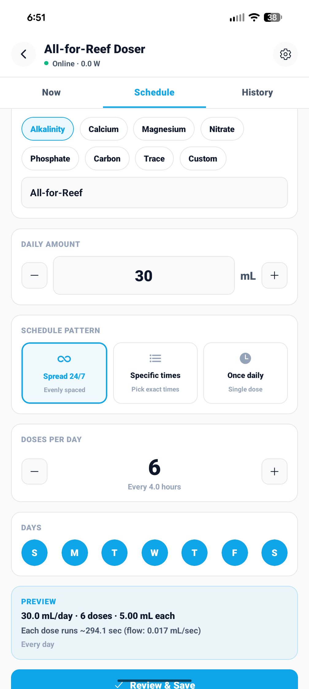 Schedule editor: Alkalinity selected, 30 mL daily amount, Spread 24/7 pattern, 6 doses per day