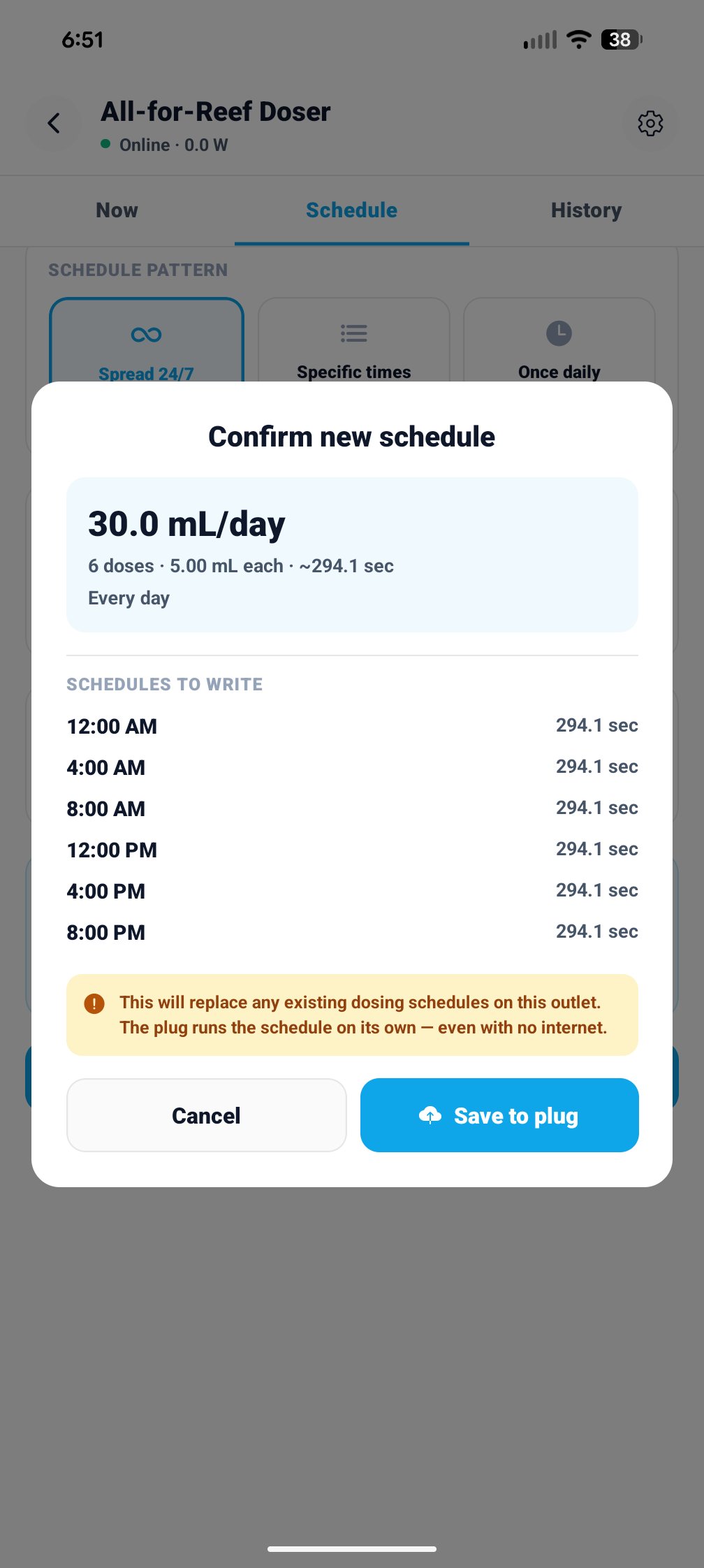 Confirm schedule modal: 30 mL/day, 6 doses, 6 dose times listed, Save to plug button