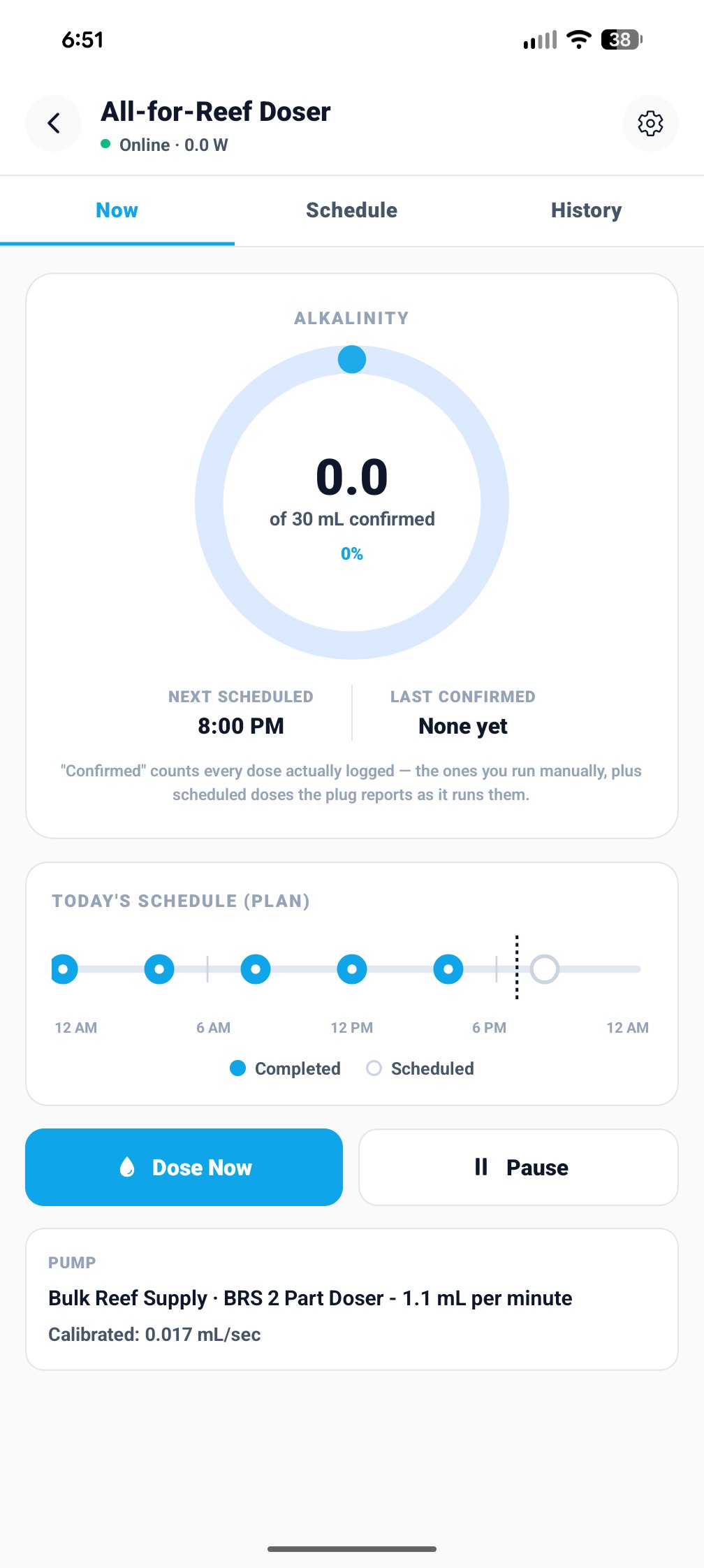 Now tab with active schedule: Alkalinity ring showing 0.0 of 30 mL, next dose at 8 PM, dose timeline